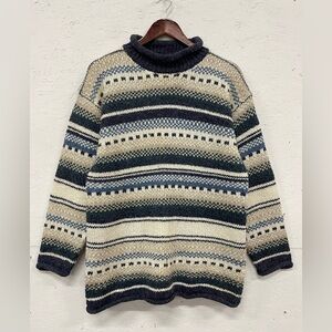 Vintage Easywear Clothing Patterned Knit Sweater, Size M, Tan and Blue